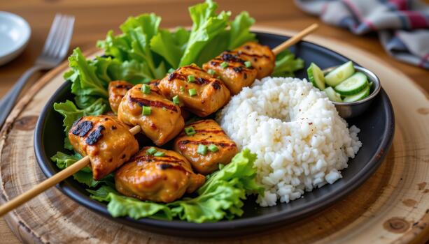 Grilled chicken satay with peanut sauce served with white rice and cucumber salad. photo