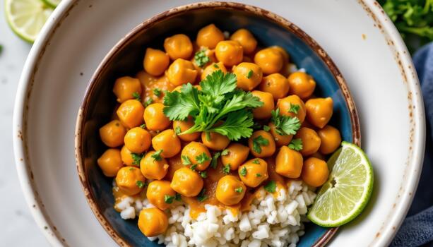 Coconut curry chickpeas served over rice with fresh cilantro and a wedge of lime. photo