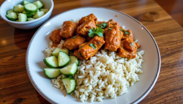 Chicken tikka masala with basmati rice and cucumber salad on the side. photo