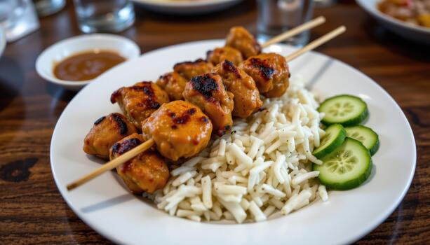 A la parrilla pollo satay servido con maní salsa y al vapor arroz con Pepino rebanadas foto