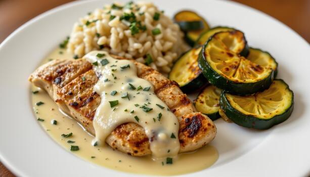 A la parrilla pollo con limón mantequilla salsa servido con jazmín arroz y asado calabacín. foto
