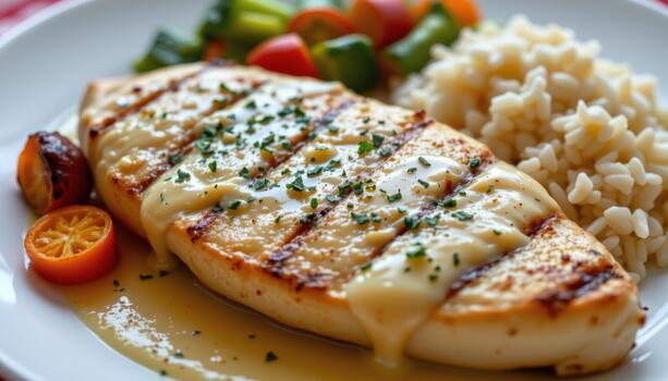 A la parrilla pollo pecho con limón mantequilla salsa servido con arroz y asado vegetales. foto