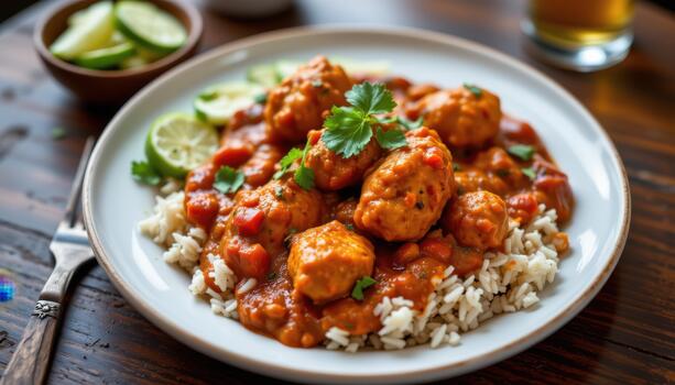 Spicy chicken tikka masala served with basmati rice and a side of cucumber salad. photo