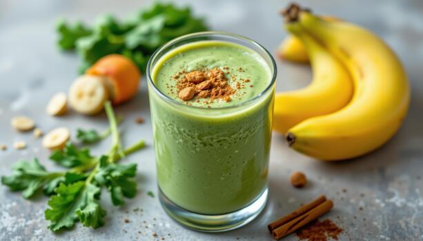 Smoothie in a glass with kale, banana, almond milk, and a dash of cinnamon. photo