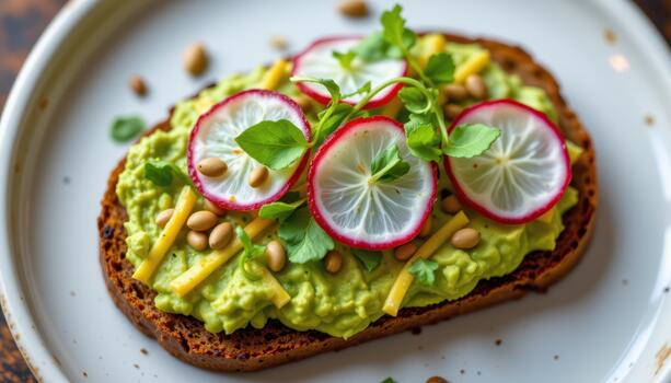Whole grain toast with smashed avocado, radish slices, microgreens, and pumpkin seeds. photo