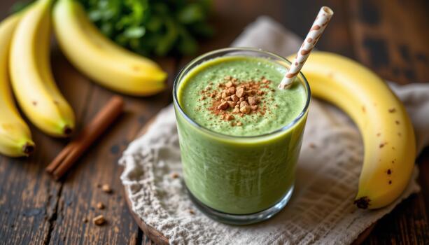 Smoothie in a glass with kale, banana, almond milk, and a dash of cinnamon on a rustic table. photo