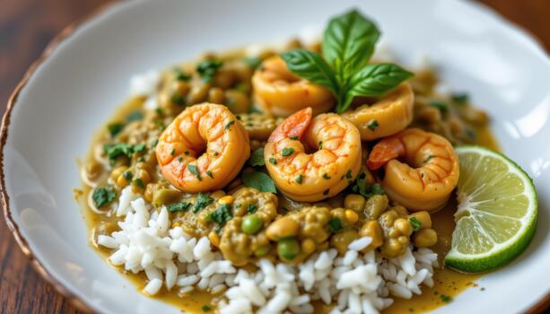 Thai green curry with shrimp served over fluffy white rice with fresh basil and lime slices. photo