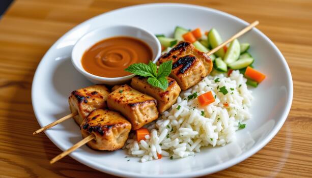 A la parrilla pollo satay servido con maní salsa y blanco arroz con Pepino ensalada. foto