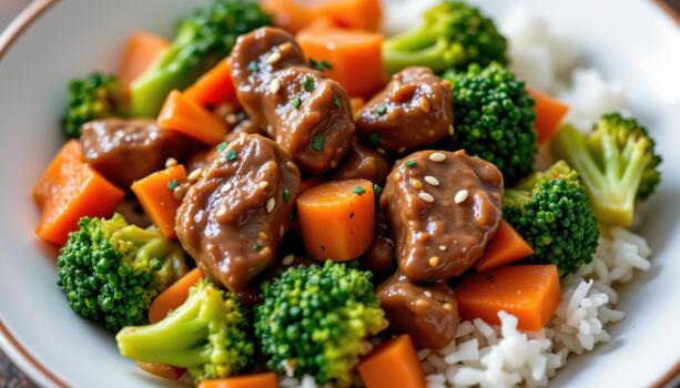Beef stir fry with broccoli and carrots served with white rice and sesame seeds. photo