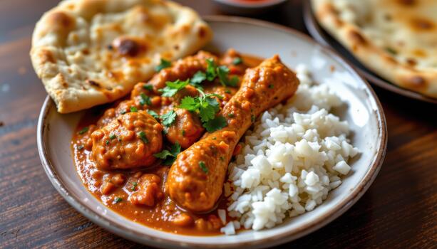Chicken tikka masala served with basmati rice and a side of naan bread. photo