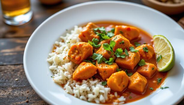 Spicy chicken curry served with basmati rice and lime wedge on the side. photo