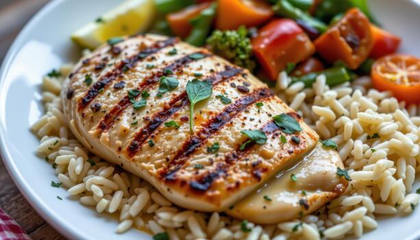Grilled chicken with lemon herb sauce served with rice and roasted vegetables. photo