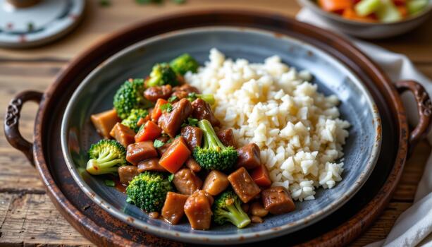 Beef and broccoli stir fry served with jasmine rice and a side of pickled vegetables on a rustic tray. photo