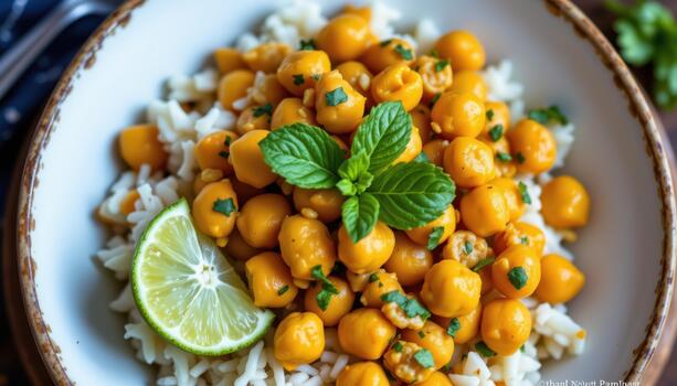 Coconut curry chickpeas served with jasmine rice and a wedge of lime for garnish. photo