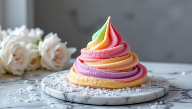 A rainbow sorbet swirl resting on a marble slab, surrounded by delicate frost patterns and chilled misty air. photo