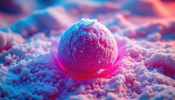 Blue raspberry sorbet glowing with neon tones against a backdrop of glimmering frosty textures. photo