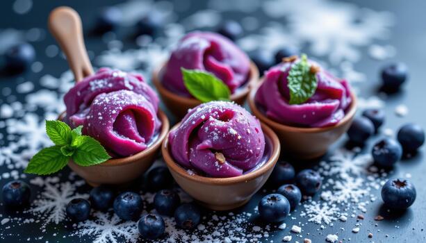 Blueberry sorbet arranged in elegant scoops with shimmering frost patterns and cool lighting. photo