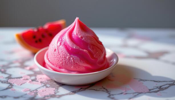 Dragonfruit sorbet glowing softly with neon pink patterns across a chilled marble surface. photo