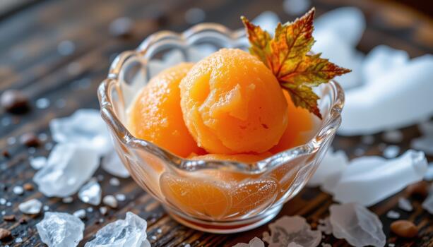 Maple sorbet glowing amber within a frosted bowl with crystalline patterns surrounding it. photo