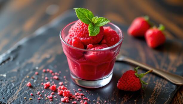 Raspberry sorbet in a small glass cup, artistic composition. photo