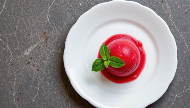 Raspberry sorbet with mint leaf on a white plate, top view. photo
