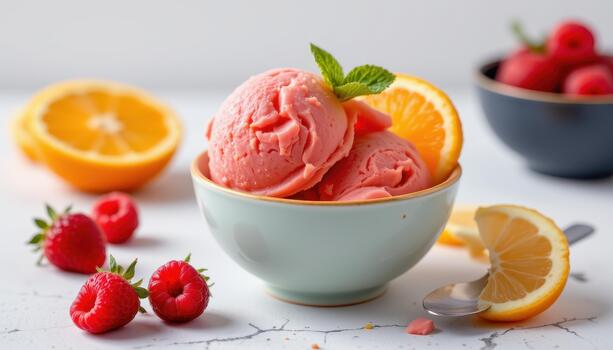 Raspberry orange sorbet scoop, soft top down light. photo