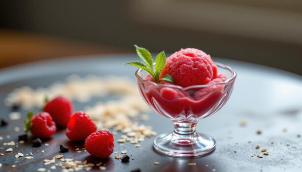 Raspberry sorbet in a tiny crystal bowl, abstract light. photo