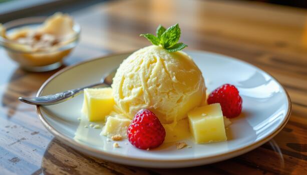 Pineapple sorbet in a modern plate, abstract reflections. photo