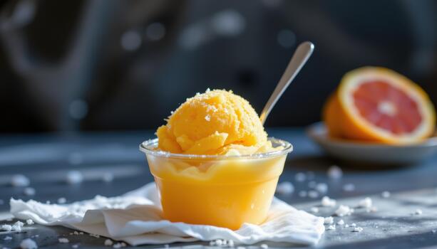 Yuzu sorbet glowing brightly in a frosted cup lined with citrus like frozen highlights. photo