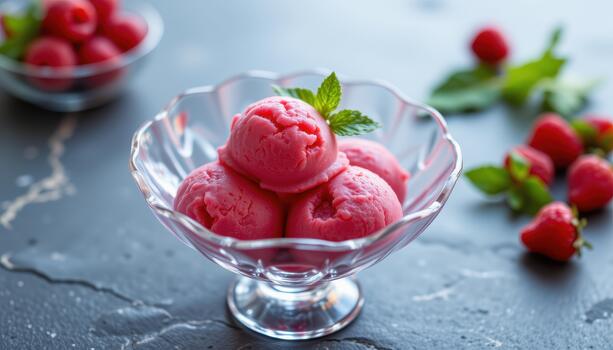 Raspberry sorbet in a modern glass bowl, dripping edges. photo