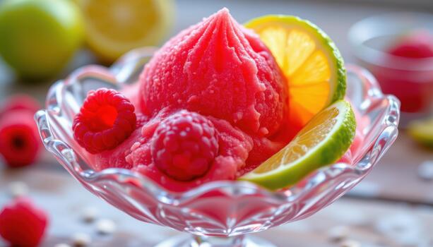Raspberry lime sorbet glowing with sharp neon hues on a chilled crystal dish. photo