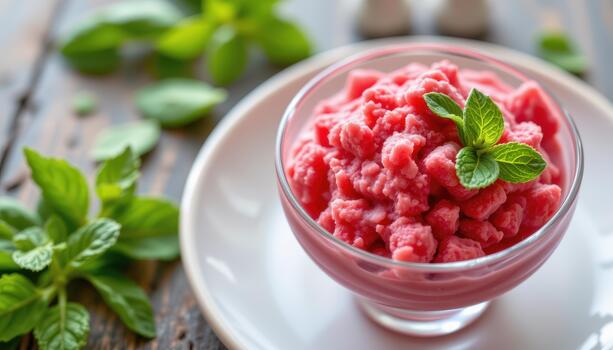 Raspberry sorbet with tiny mint leaves on top, clean style. photo
