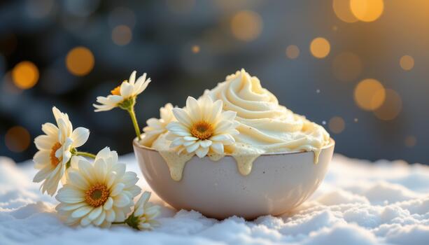 Chrysanthemum sorbet glowing with gentle gold white hue within frosty patterns. photo