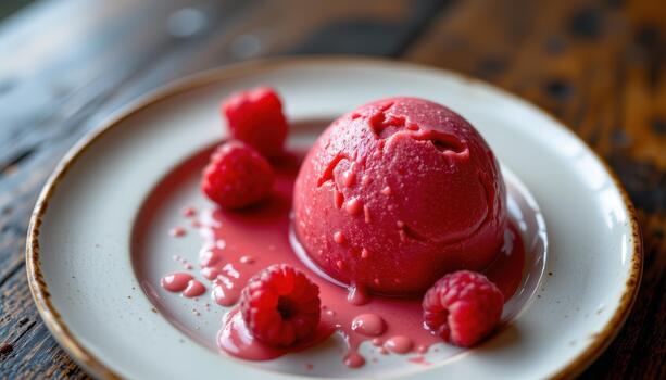 Raspberry sorbet with droplets of condensation on a ceramic plate. photo