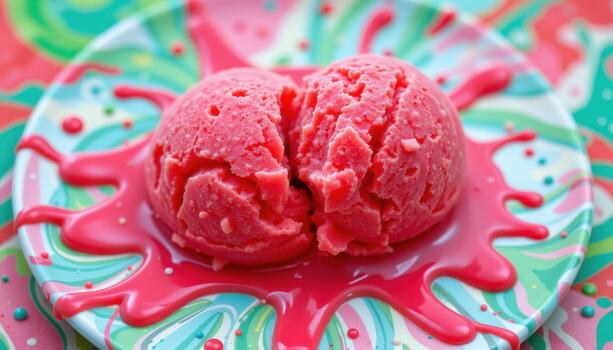 Watermelon sorbet with abstract melting patterns. photo