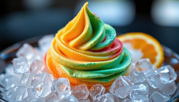 Triple citrus sorbet swirling with vivid gradients resting on shimmering crushed ice. photo