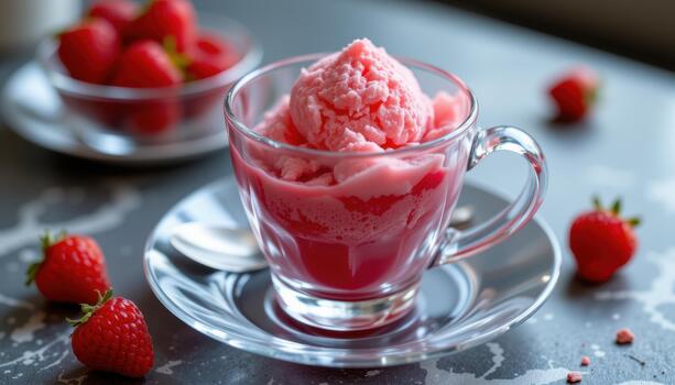 Raspberry sorbet in a modern transparent cup, artistic texture. photo
