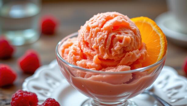 Raspberry and orange sorbet scoop, soft top down light. photo