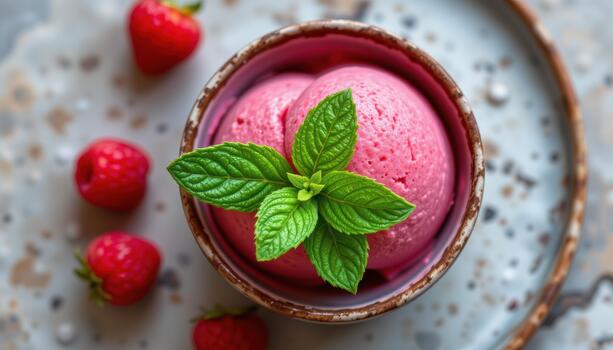Raspberry sorbet with mint leaf, top down composition. photo