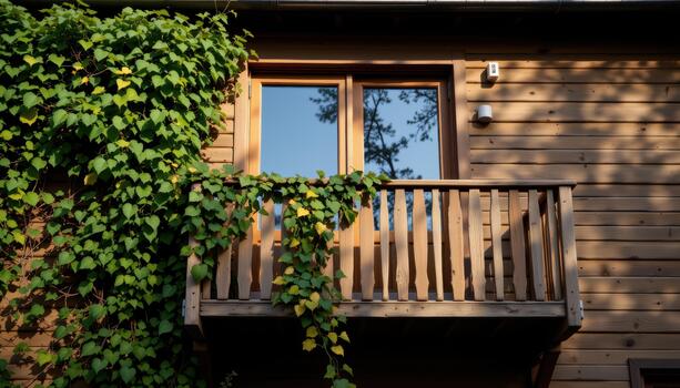 Wooden balcony with climbing ivy and soft shadow patterns. photo