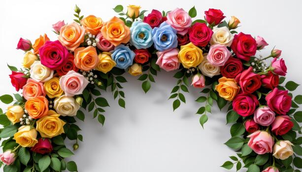 Multicolored roses forming an arch with trailing green leaves. photo