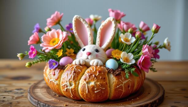 Easter bread centerpiece with fresh spring blooms and multicolored eggs. photo