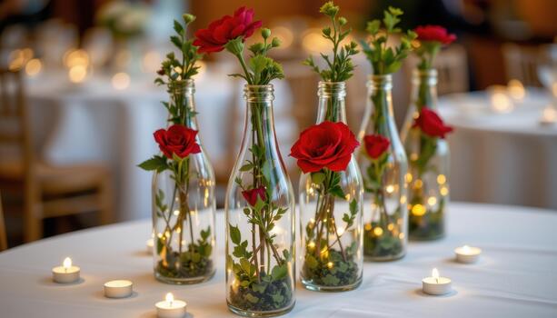 Bottles decorated with red flowers, greenery, and tiny tea light candles on table. photo