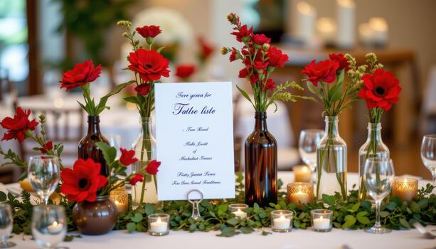 Table display of bottles with red blooms, greenery, and small candles. photo