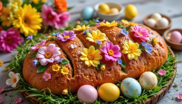 Festive Easter bread with colorful flowers and arranged eggs. photo