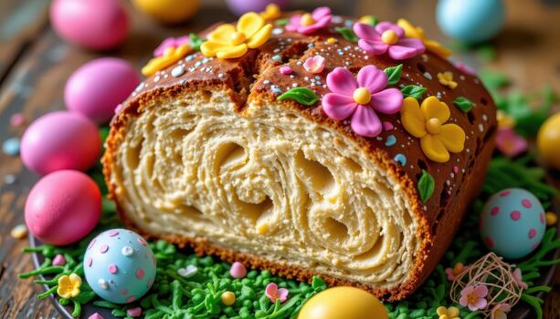 Festive Easter bread with icing flowers and multicolored eggs. photo