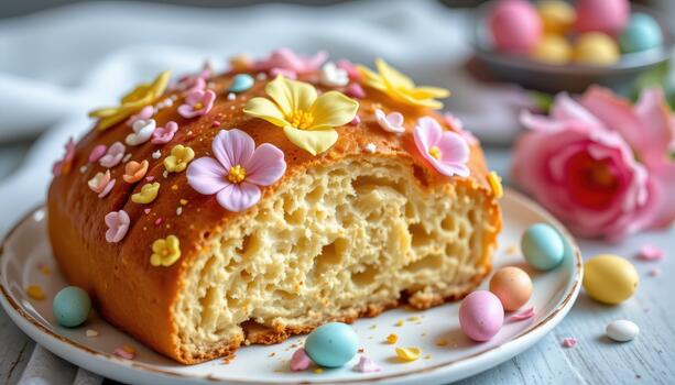 Easter bread with soft pastel flowers and tiny rainbow colored eggs. photo