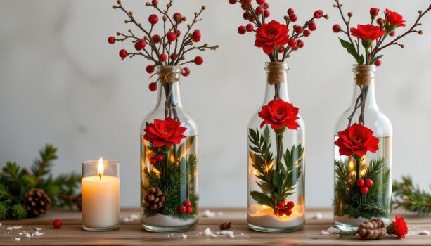 Christmas bottles with red flowers, greenery, and tiny candles. photo