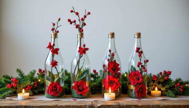 Christmas bottles with red blooms, greenery, and small lit candles. photo