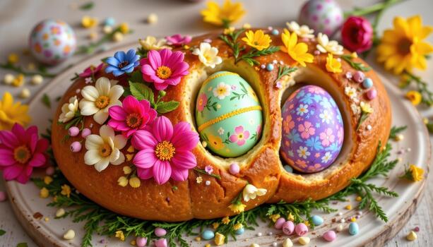 Oval Easter bread with colorful flowers and patterned eggs. photo